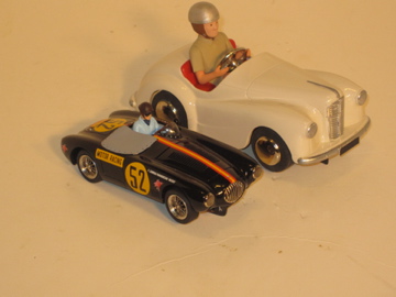 AUSTIN J40 SLOT PEDAL CAR NEXT TO A SLOT CLASSIC OSCA MT4 TO SHOW THE SCALE
