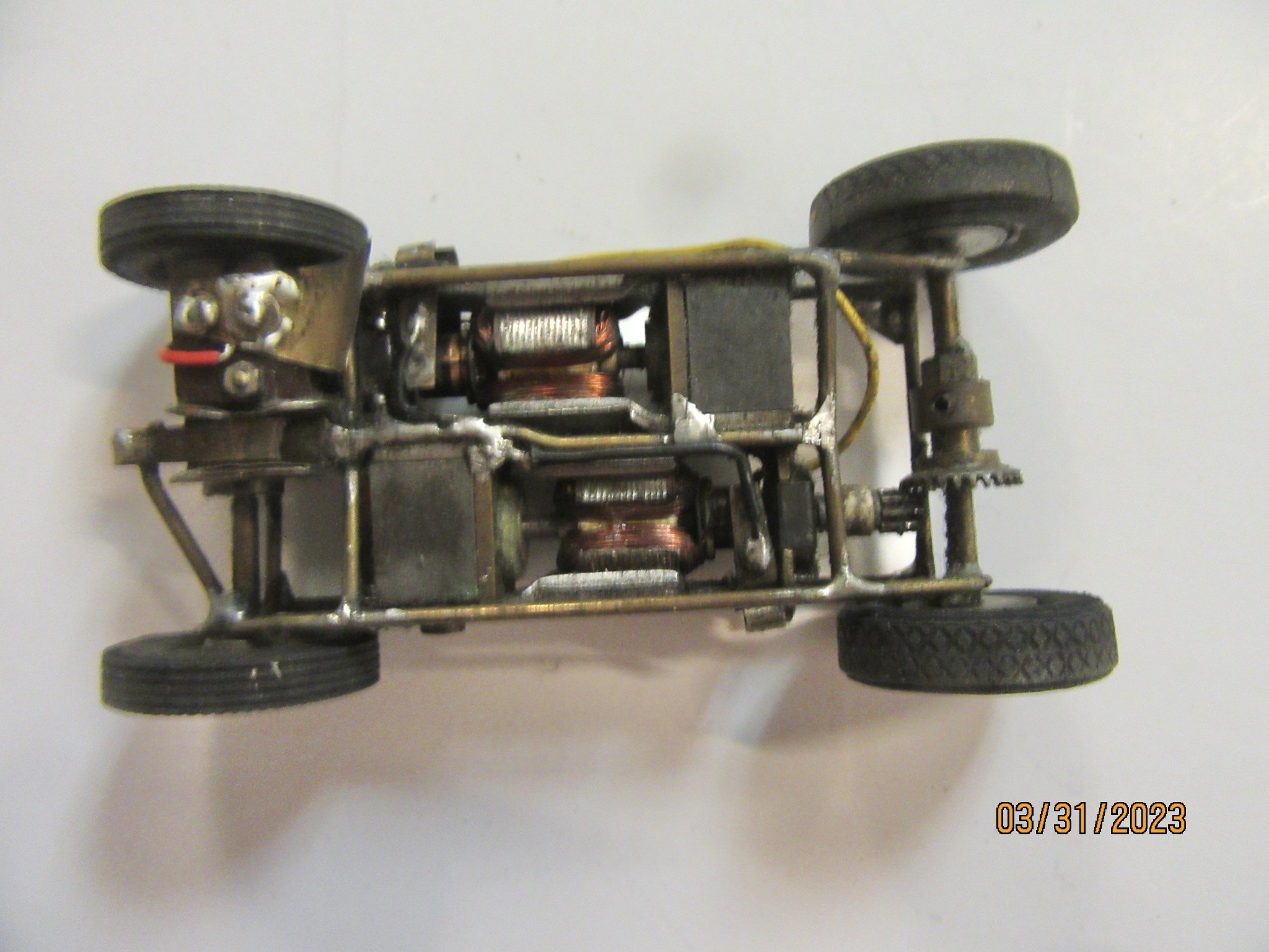 1/32ND SCALE WOOD BODY LANCIA FERRARI RAIL CAR CHASSIS WITH 2 MOTORS. 