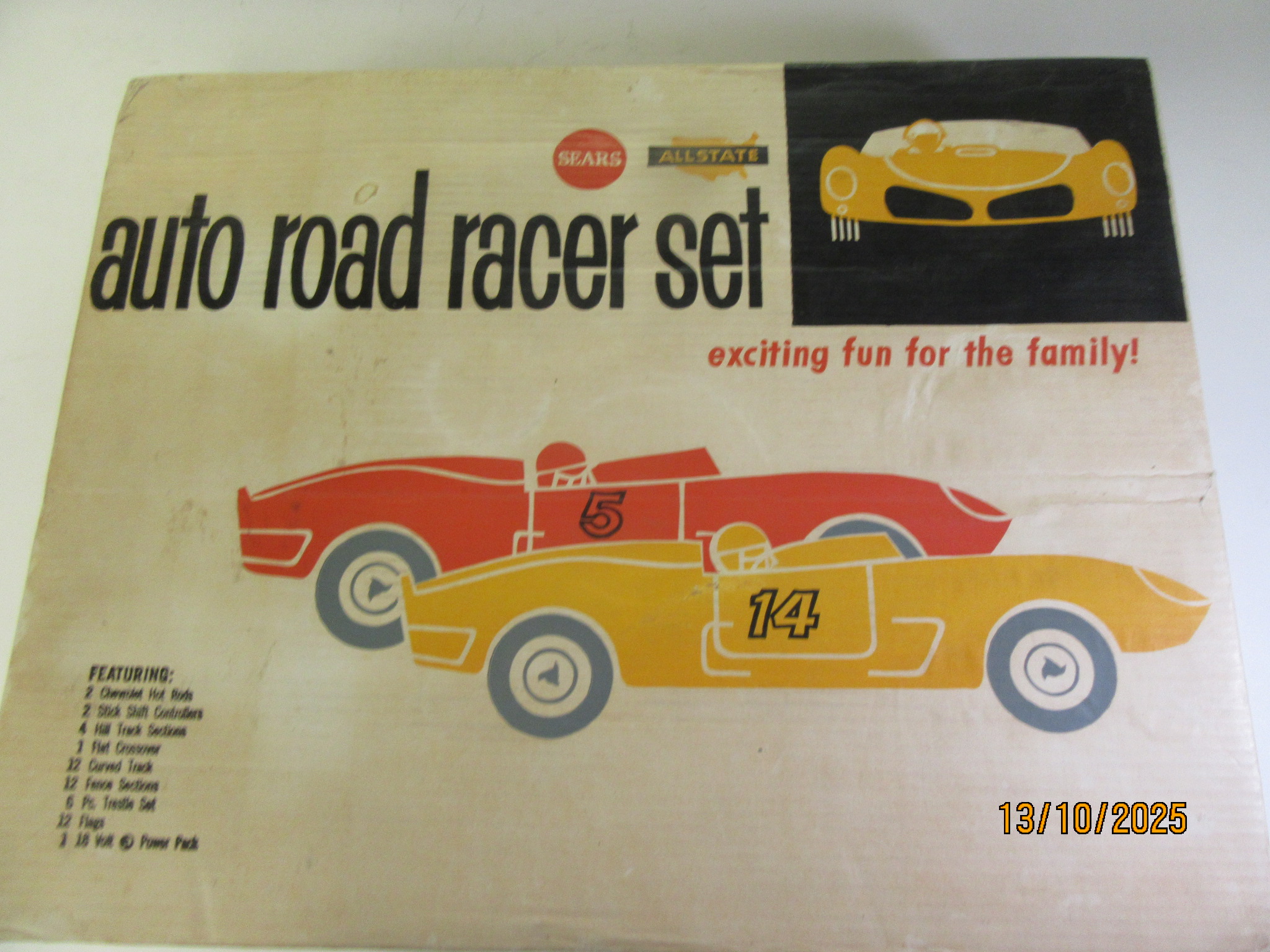 1/32ND SCALE AUTO RACEWAY SET WITH 1 CONVERTIBLE CHEVY HOT ROD WITH ROLL BAR & 1 CHEVY HOT ROD WITH A ROOF. ,RARE