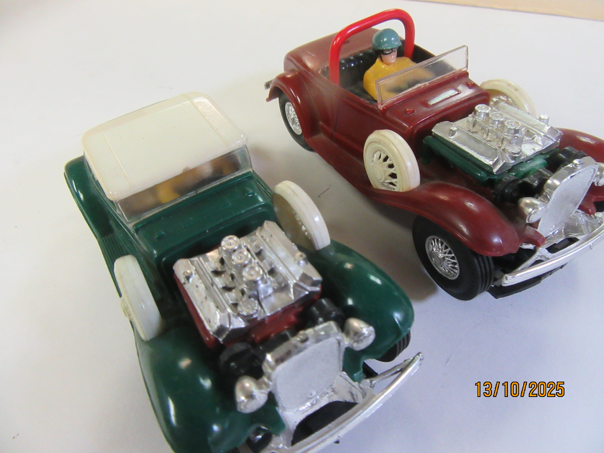 BOTH 1/32ND SCALE CHEVY HOT RODS, 1 IS A RARE CONVERTIBLE WITH A ROLL BAR FROM THE AUTO ROAD RACER SET