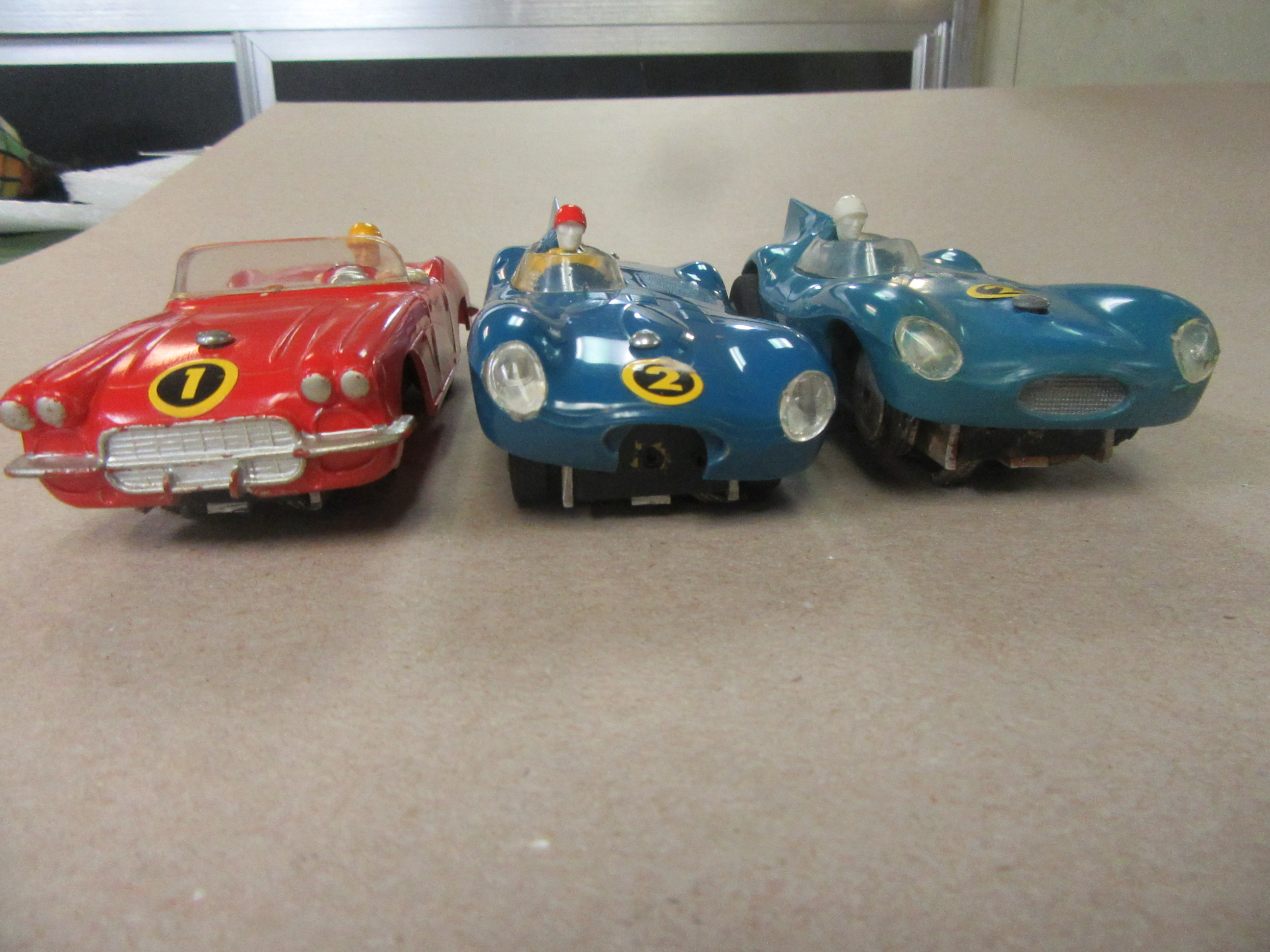 FRONT VIEW OF THE 3 STROMBECKER 1/3ND SCALE ARCADE CARS.